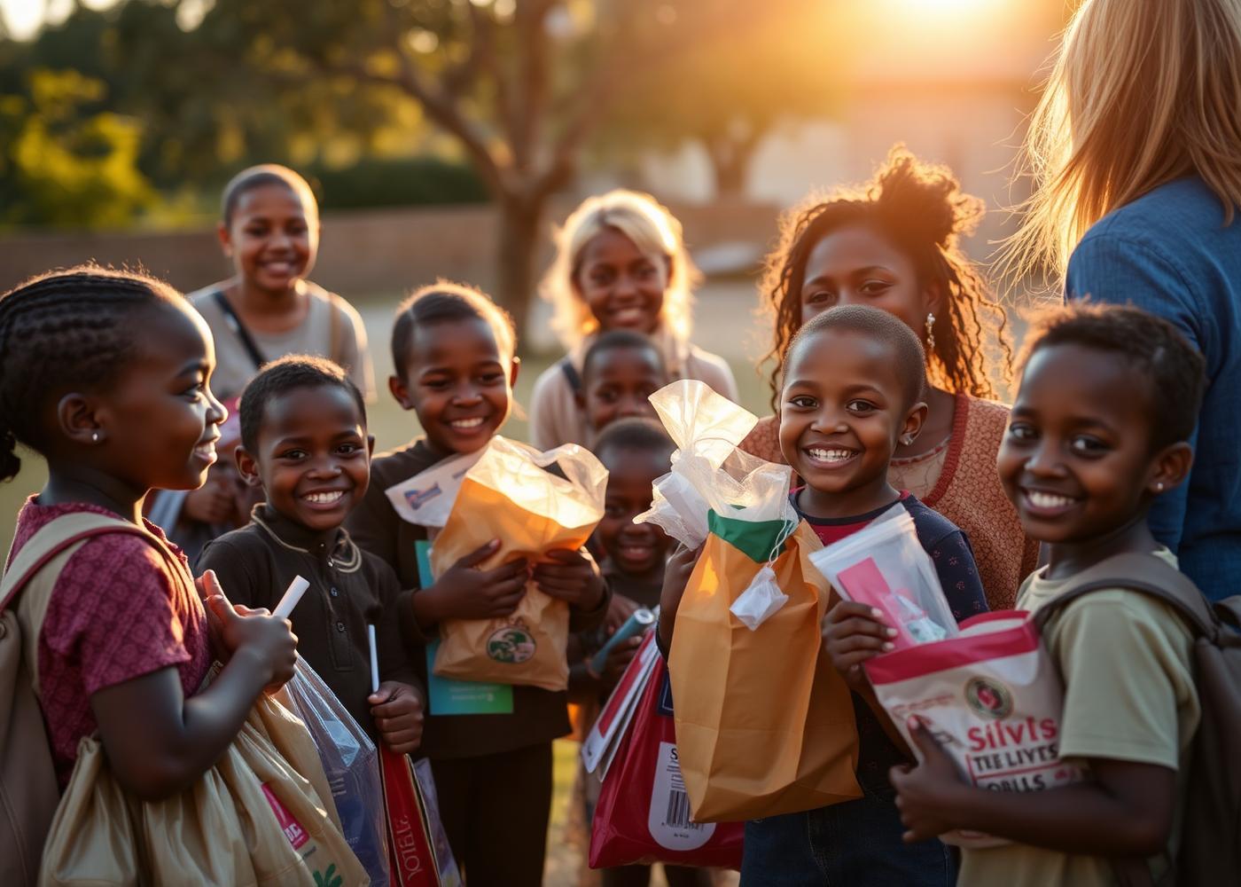 Children receiving school kits from volunteers at golden hour